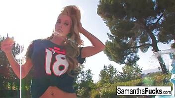 Samantha Saints gives BJ, leading to hardcore creampie in her pussy.