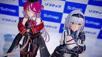 Hololive Houshou Marine And Shirokane Noel In Pink Cat MMD