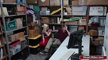 Thief fucks teen officer while boyfriend watches at work.