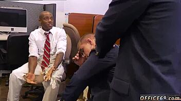 Men in HR meeting give blowjobs and eat cum from big cocks