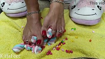 goddess kiffa crushes candies and marshmallows in foot fetish