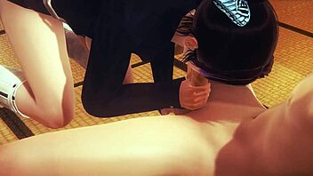 Shinobu Kocho is sucking and having a threesome in tatami.