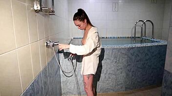 Young girl Maria cleans off our encounter in the bathtub