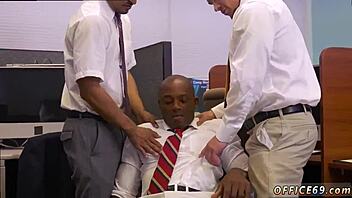 Men in HR meeting give blowjobs and eat cum from big cocks