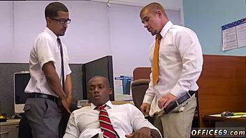 Men in HR meeting give blowjobs and eat cum from big cocks