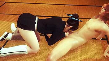 Shinobu Kocho is sucking and having a threesome in tatami.