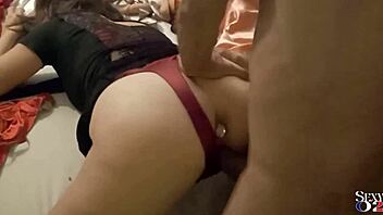 French amateur in cotton and sheer lace dress with red satin panties, stockings, and heels enjoys deepthroat and rimming