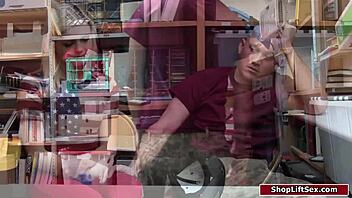 Thief fucks teen officer while boyfriend watches at work.