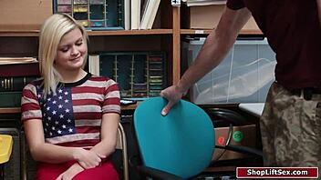 Thief fucks teen officer while boyfriend watches at work.