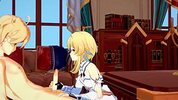 Genshin Impact characters Aether and Lumine engage in explicit 3D animation