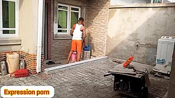 Caught Sweeping! He Licks Her Shaved Pussy!