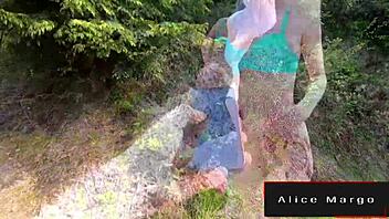 public remote control with sexy blonde teen using toys outdoors.