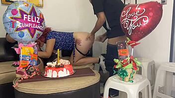 Latina madrastra enjoys birthday surprise with two hard cocks