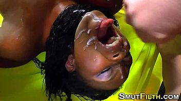 euro sluts get facial cumshot in bizarre blowbang bukkake.