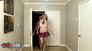 Horny blonde in seductive attire with big natural breasts gets pleasure from a large ebony shaft