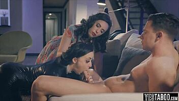 black latex and white lingerie chicks in a group threesome with blowjobs and doggystyle