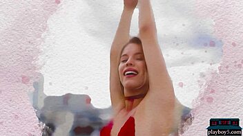 Blonde Toni Maria, a petite Latina teen model, performs a solo striptease for Playboy, revealing her alluring assets.