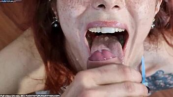 Sweet adorable redhead swallows cum after blowjob with feet up pov