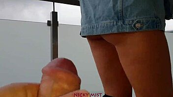 POV view of a horny teen getting her pussy pounded on a balcony