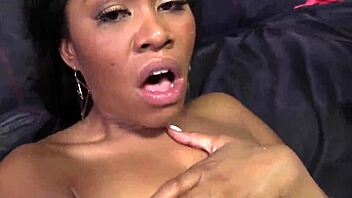 ebony babe receives cumshot facial in group