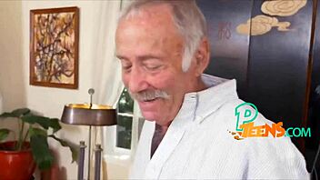 Gorgeous Shaved Teen Rides Cowgirl on Old Dudes Big Cock