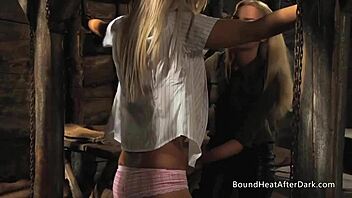 touching her young 18+ lesbian pussy is amazing, she's bound in lingerie and groped all over