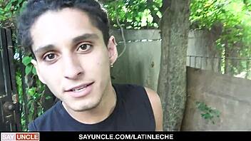 Latin teen pool boy cums on himself outside