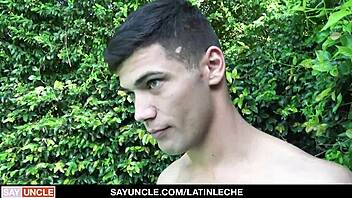 Young Latino pool boy has outdoor bareback sex and ejaculates