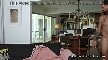 Tattooed muscle roommates banging anally in living room