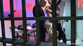 Two horny babes get caught by the security officers and have an orgy with them. Ready for more?