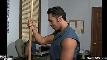 Gay office workers engage in sexual activity while cleaning