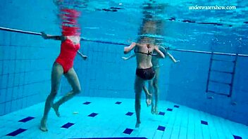 Avenna, Nina Mohnatka, and Marketa enjoy a relaxing swim in the pool together