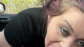 Young woman with a large buttocks performs oral sex in a car, causing her partner to stop and have sex in public, resulting in a large cumshot on her backside