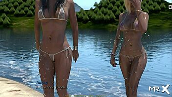Big tits and beach fun in retro porn game