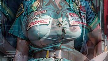 AI-created golden-haired EMT displays her intimate area in a public setting.