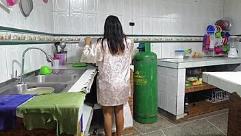 Latina seduced by stepbrother while cooking, leading to hard fucking