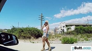 Blonde uses mouth and tits to please cock outdoors