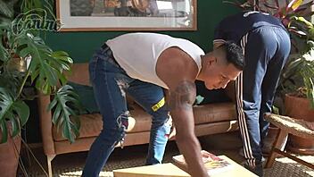 Empresario reveals gay secret as two men fuck his ass in bdsm orgy.