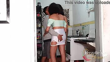 Brazilian transsexual Sabrina Prezotte engages in kitchen erotica with her husband and a popsicle