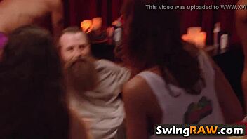 Brunette couple feels pleasure in group orgy