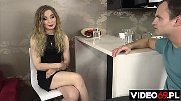 Interview with blonde amateur Sar in a black dress