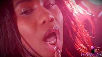 Ebony Jenna Foxx gives interracial blowjob in lingerie for cum on big ass