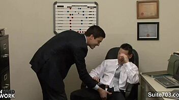 Gay workers indulge in hardcore office romp with tattoos and oral pleasure