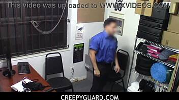 Naughty slut Natalie Porkman hides goods in bra. Guard catches her and fucks her.