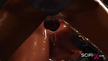 A stunning young blonde in handcuffs engages in passionate sex with a futuristic robotic partner in a dystopian prison setting, incorporating elements of intense penetration and oral pleasure