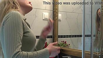 Hot new sexy blonde wife changes panties in the bathroom.