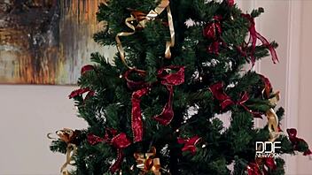 Horny this holiday - her shaved pussy is your present, fingering in stockings.