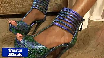 Classy Black Shemale Rips Clothes For Solo Masturbation Cumshot