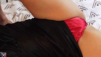 Hot blonde in red satin panties gets rimmed and fucked doggy style