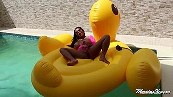 maxine x shoves huge dildo into squirting pussy by the pool.